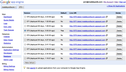 An image of the different versions on Google AppEngine for madebysofa.com