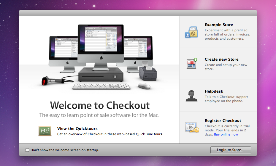 An image of Checkout's redesigned welcome window (version 3).